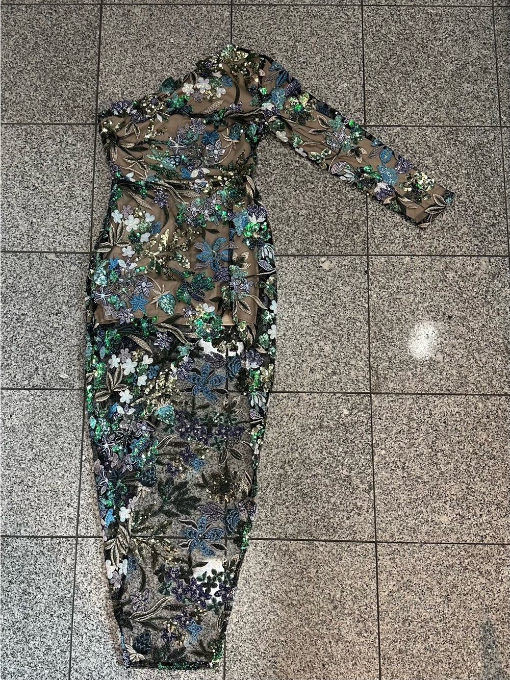 One-Shoulder Floral Sequin Dress in Green and Blue
